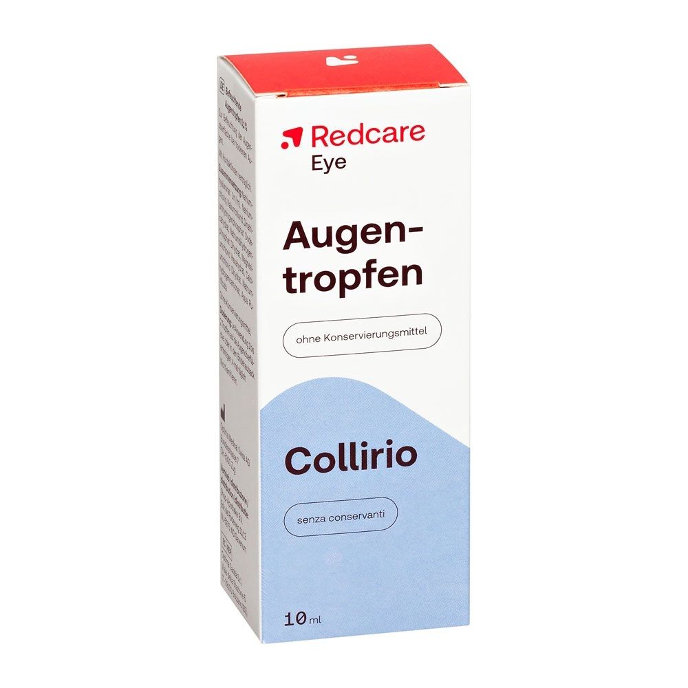 Emballage Redcare gouttes oculaires 10ml et applicateur bleu.