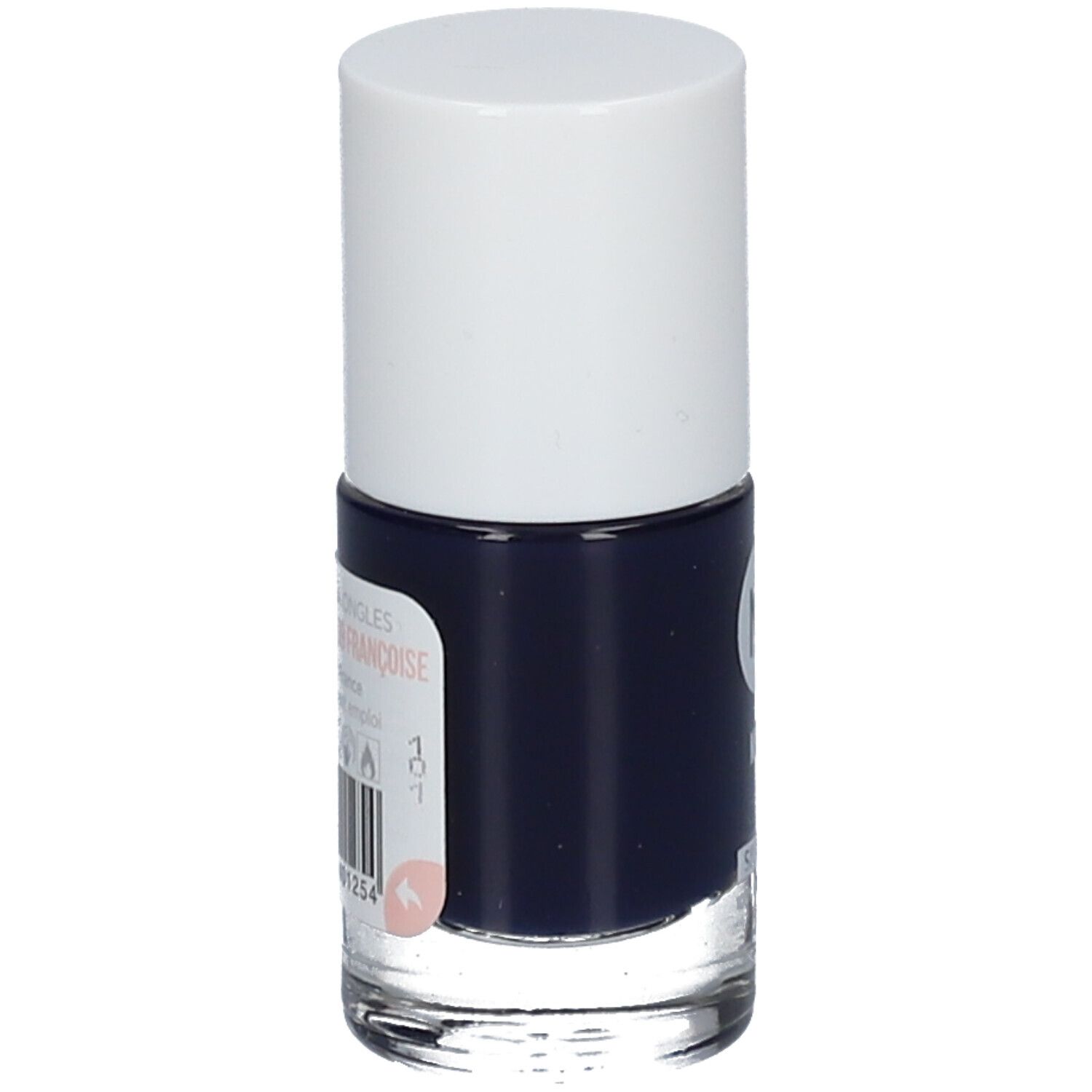 Marineblauer Nagellack in Glasflasche mit weißem Deckel. Aufschrift und Barcode auf dem Etikett.