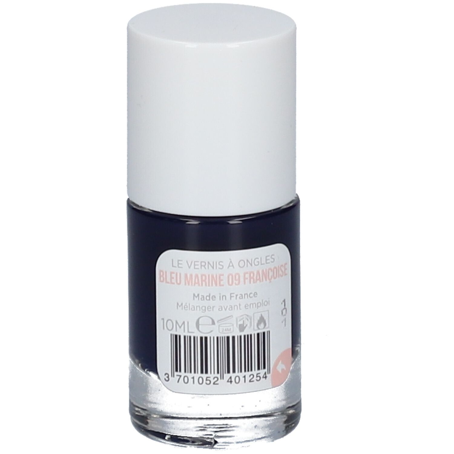 Marineblauer Nagellack in Glasflasche mit weißem Deckel. Aufschrift: BLEU MARINE 09 FRANÇAISE, 10ml.