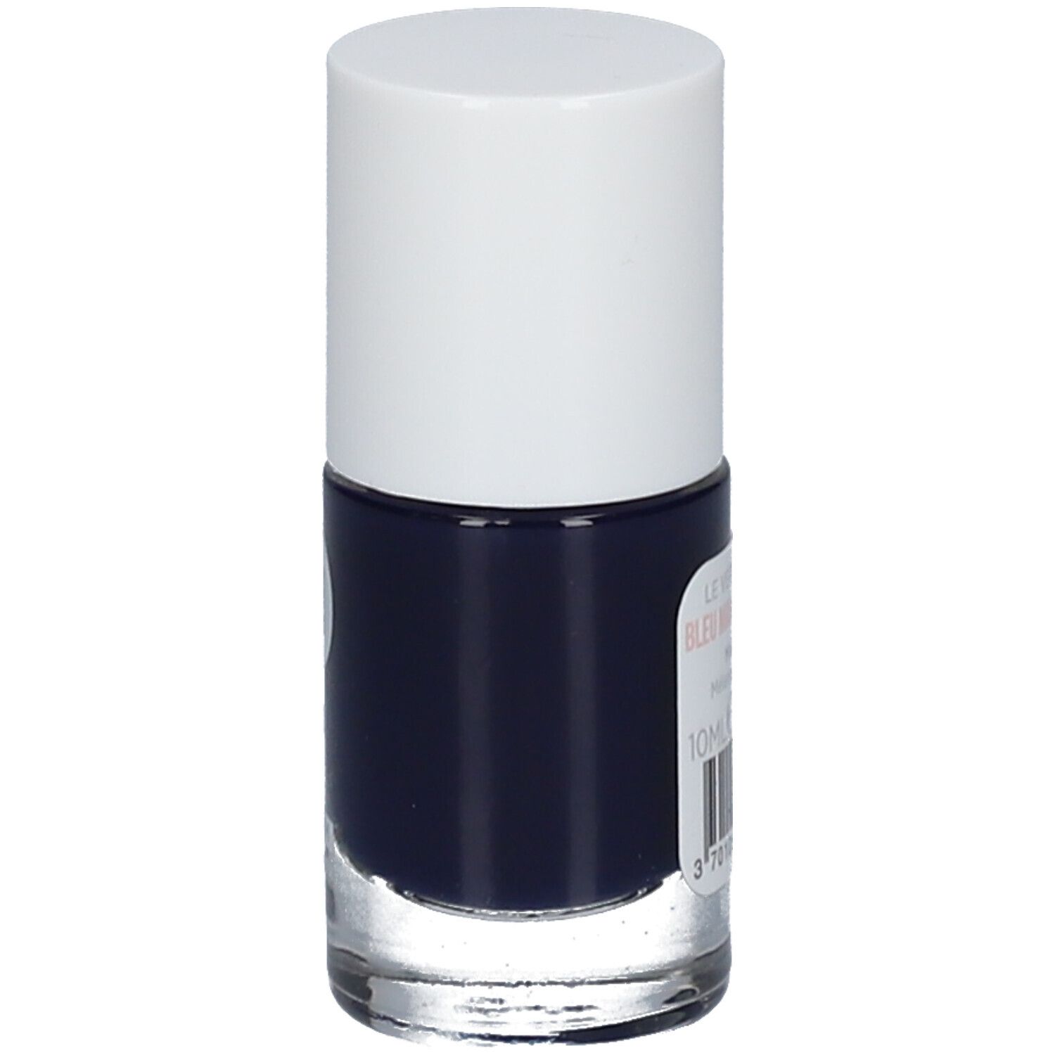 Marineblauer Nagellack in Glasflasche mit weißem Deckel. Aufschrift und Volumenangabe.