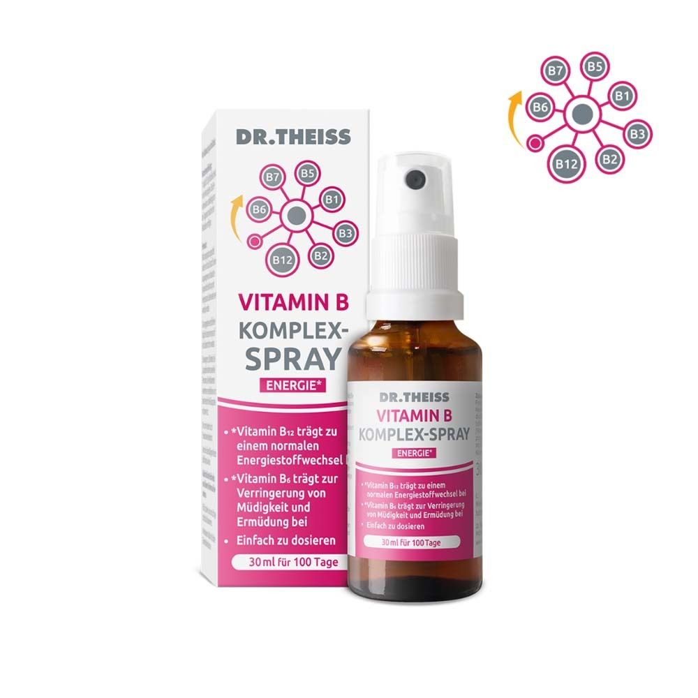 DR. THEISS Vitamin B Komplex-Spray. Flacon brun avec pulvérisateur et emballage. Contient de la vitamine B.