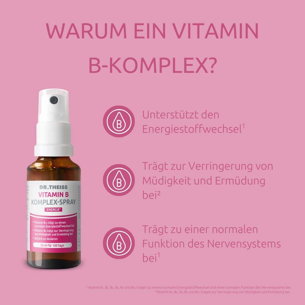 DR. THEISS Vitamin B Komplex-Spray. Flacon avec pulvérisateur. Texte : Pourquoi un complexe de vitamine B ? Avantages.