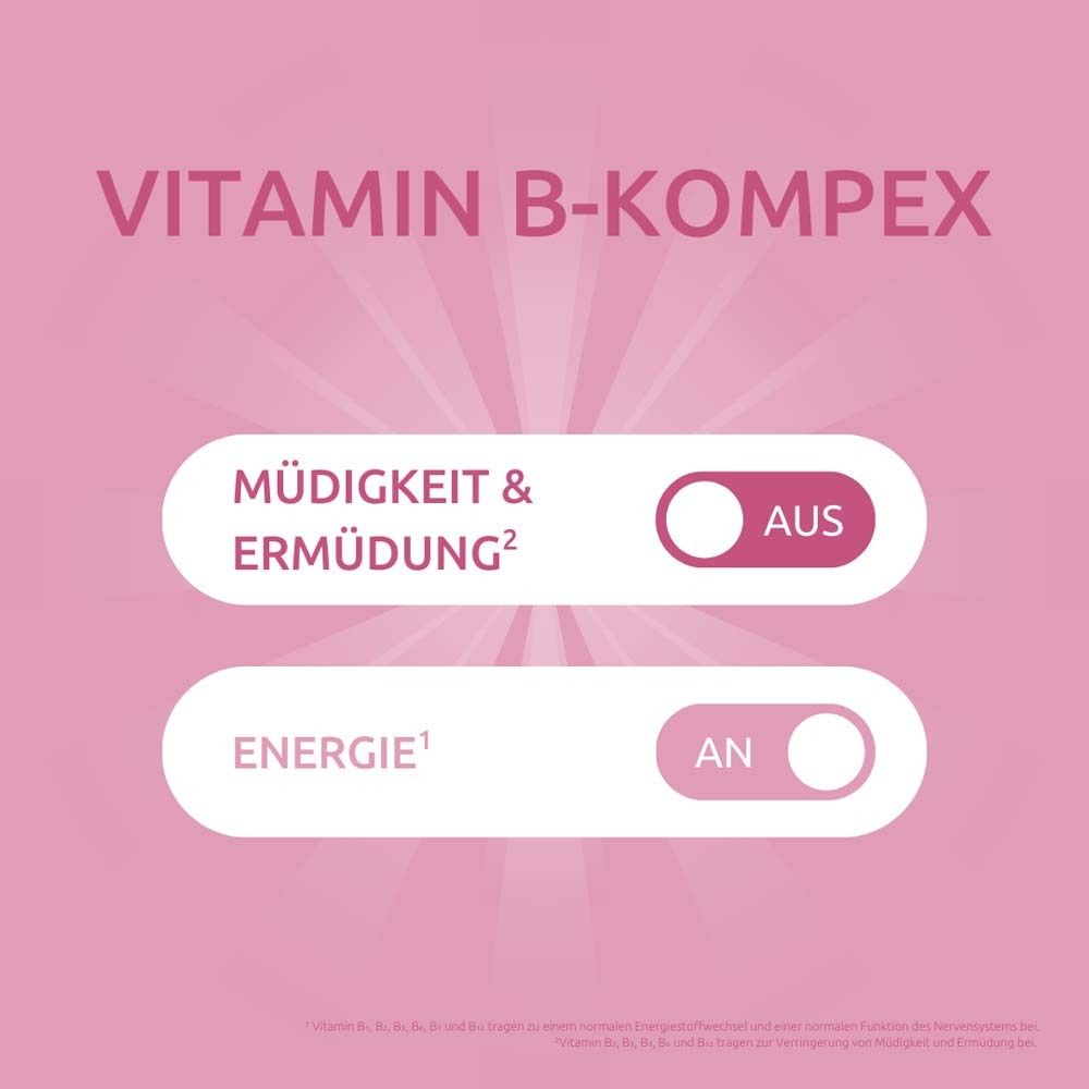 DR. THEISS Vitamin B Komplex-Spray. Texte : Fatigue & épuisement OFF, Énergie ON. Fond rose.