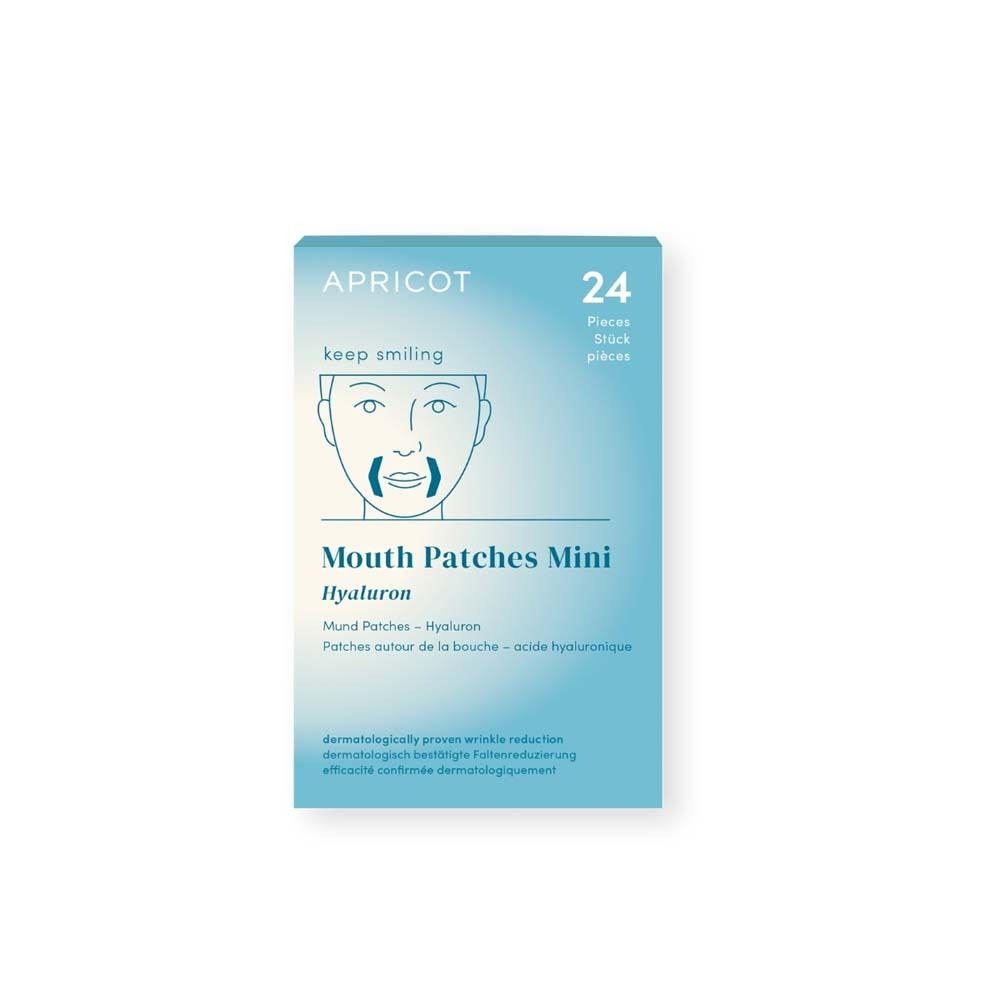 Boîte avec inscription APRICOT, 24 pièces, Mouth Patches Mini Hyaluron. Un visage avec des patchs est illustré sur la boîte.