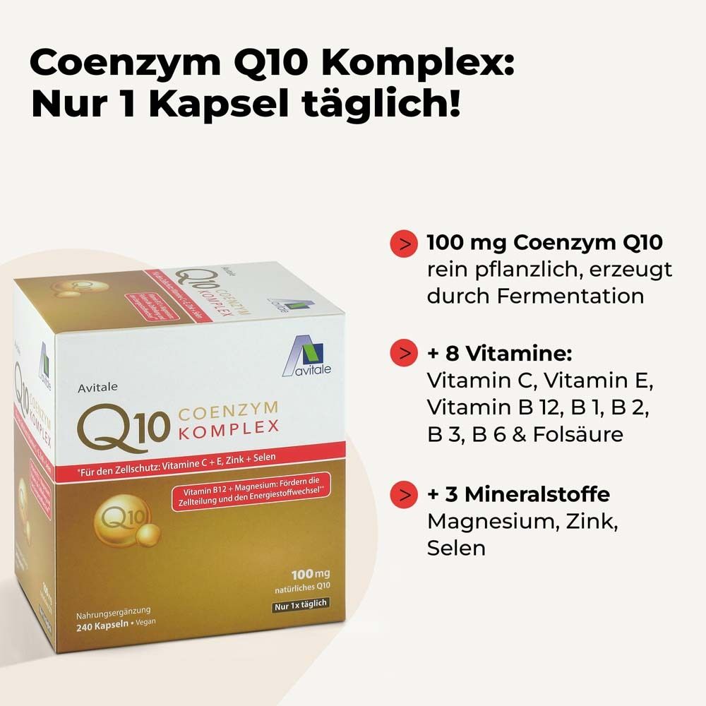 Texte : Coenzyme Q10 Komplex : Seulement 1 gélule par jour ! Informations sur les ingrédients et le dosage.