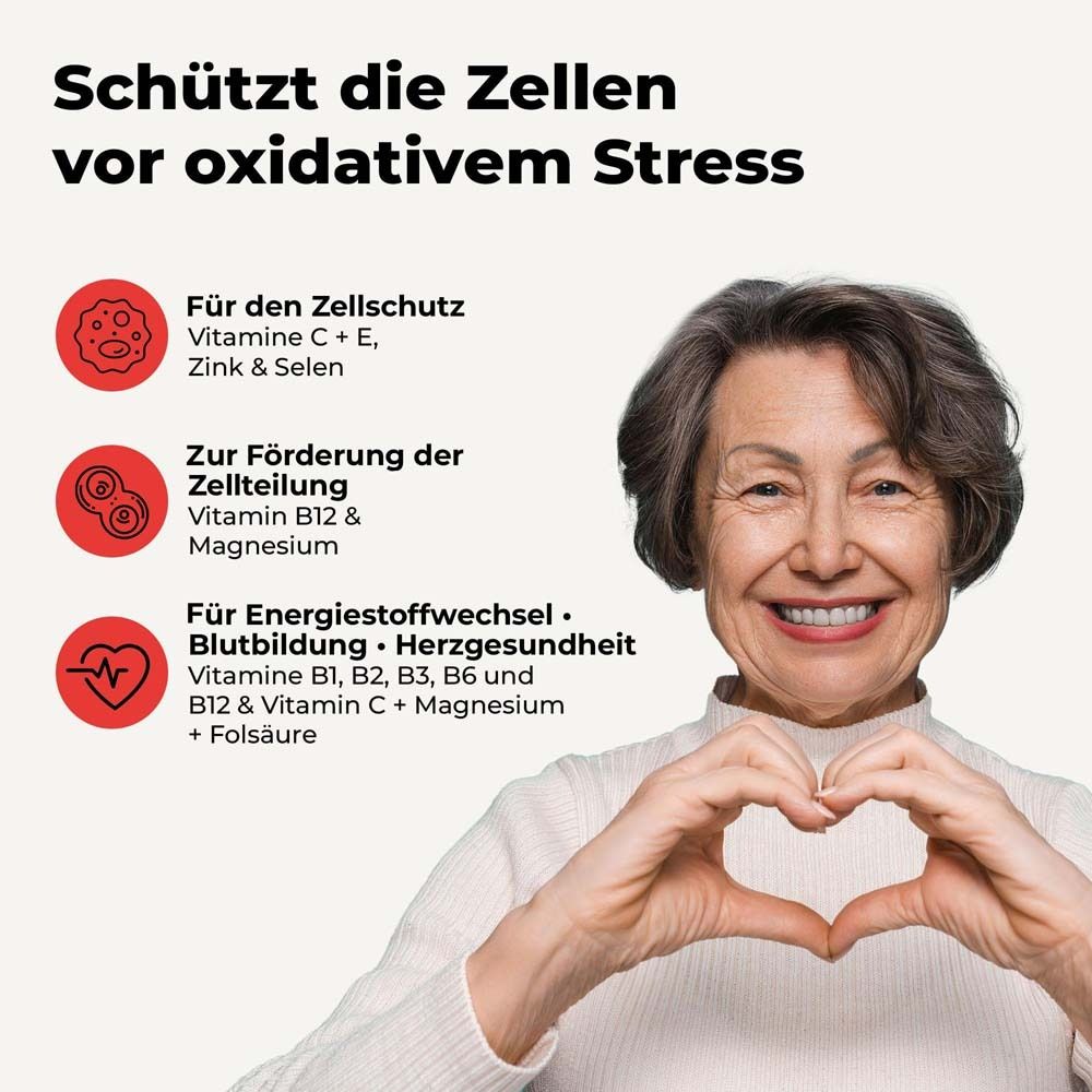 Une femme âgée forme un cœur. Texte : Protège les cellules du stress oxydatif. Informations sur les ingrédients.