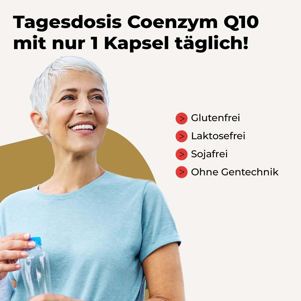 Femme avec une bouteille. Texte : Dose quotidienne de coenzyme Q10 avec seulement 1 gélule par jour ! Sans gluten, lactose, soja, OGM.
