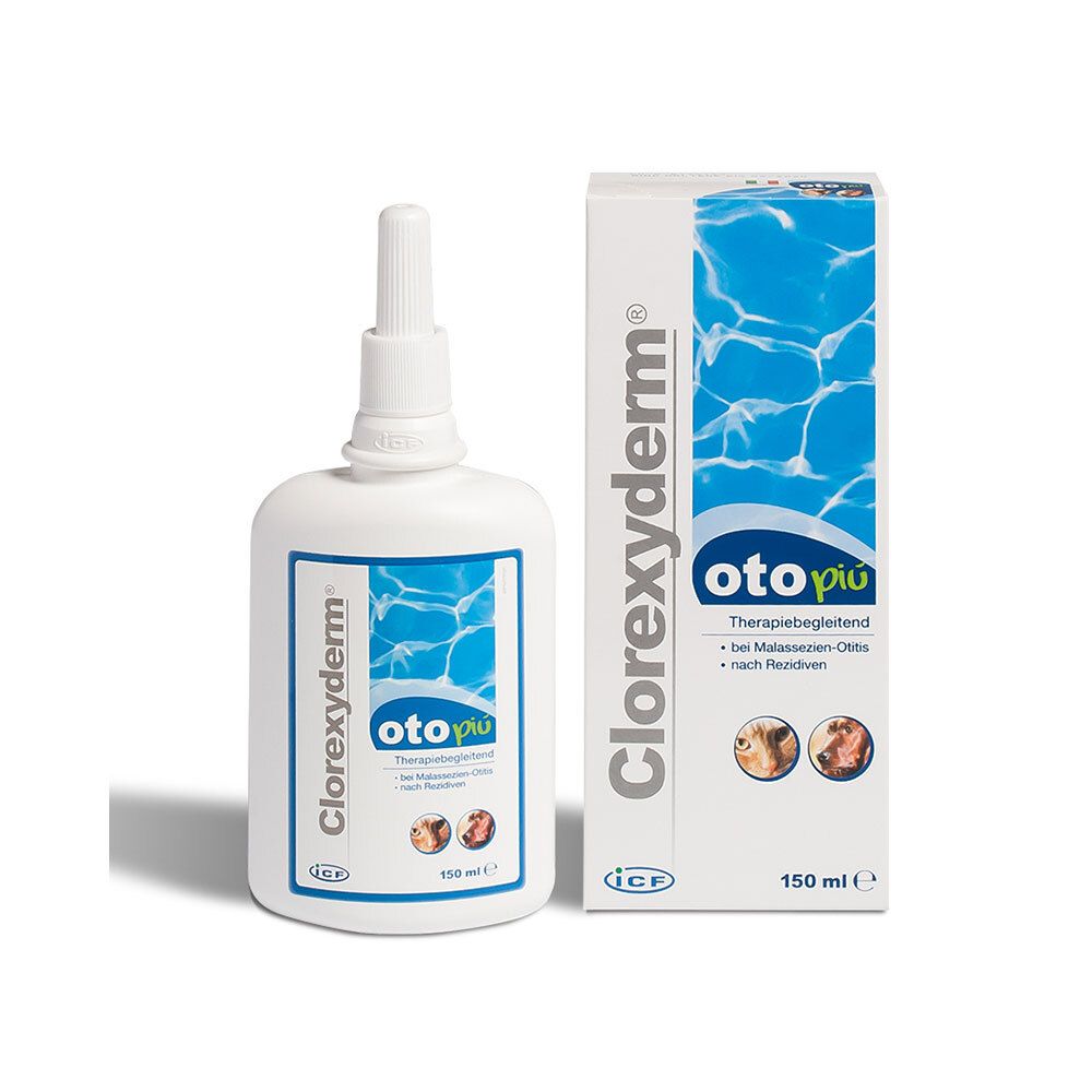 Weiße Flasche mit Applikator. Aufschrift Clorexyderm® oto piu. 150 ml. Mit Verpackung.