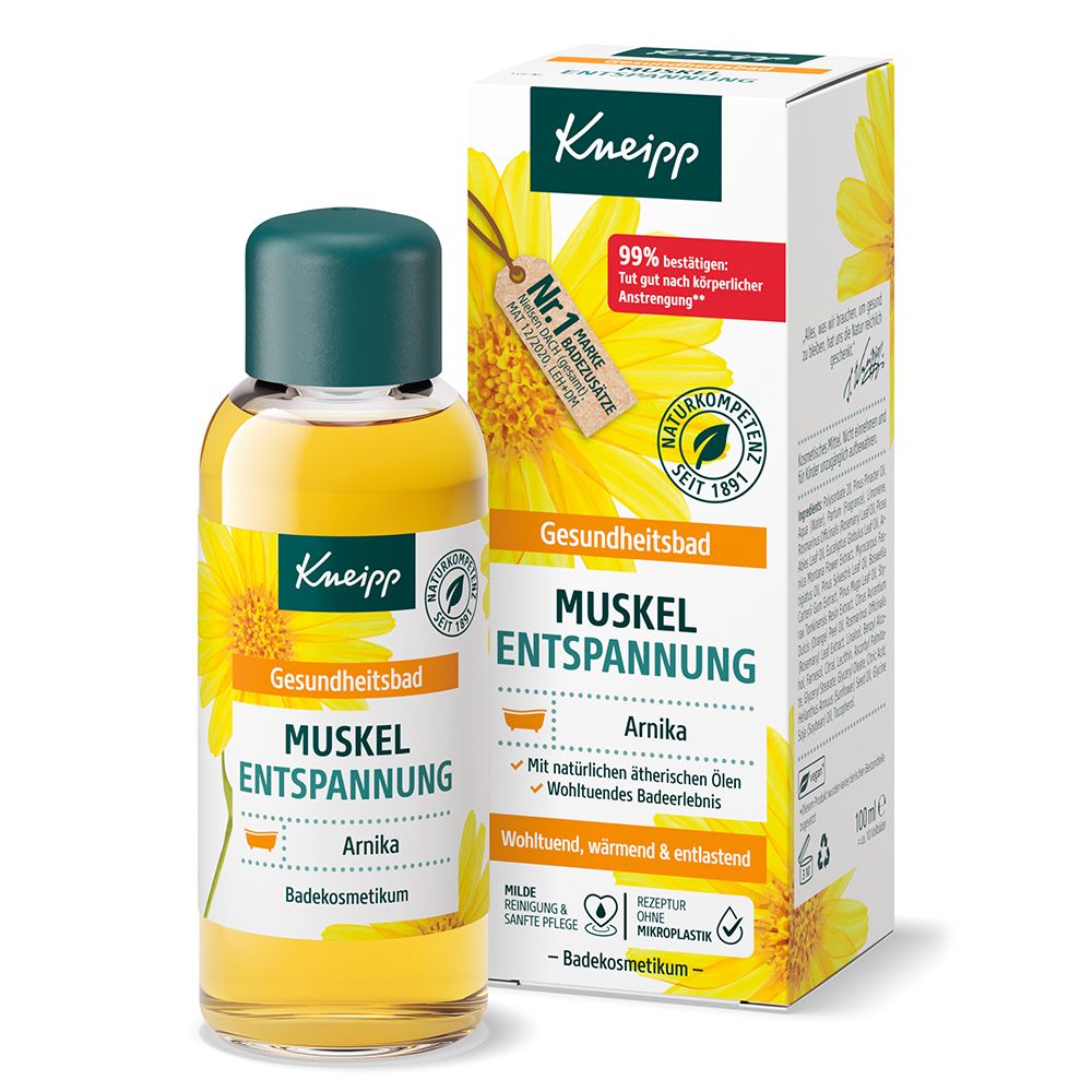 Kneipp Gesundheitsbad Muskel Entspannung Arnika Badekosmetik in Glasflasche mit Kartonverpackung.