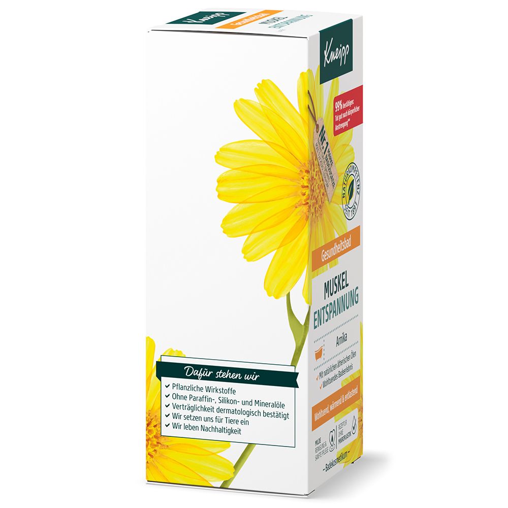 Kneipp Muskel Entspannung mit Arnika: Gesundheitsbad in weißer Verpackung mit gelber Blume.