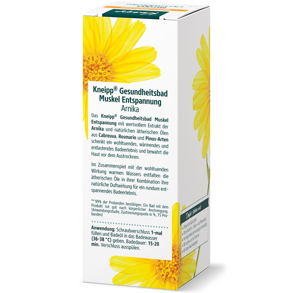 Kneipp Gesundheitsbad Muskel Entspannung Arnika Verpackung mit Arnika-Blumenmotiv.