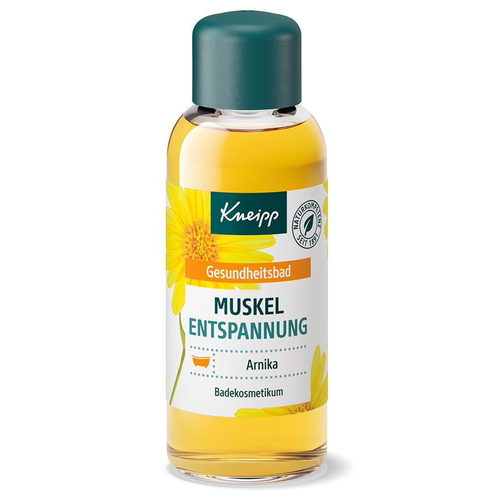 Kneipp Gesundheitsbad Muskel Entspannung mit Arnika. Gelbes Badeprodukt in Glasflasche mit grünem Deckel.