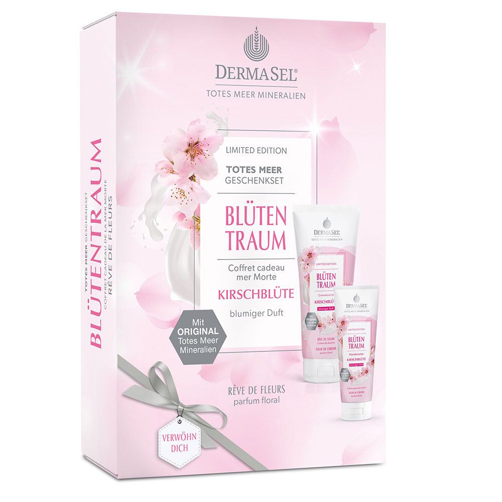 Geschenkset mit Produkten. Verpackung mit Schriftzug Blütentraum, Kirschblüte, und Logo. Enthält drei Tuben.