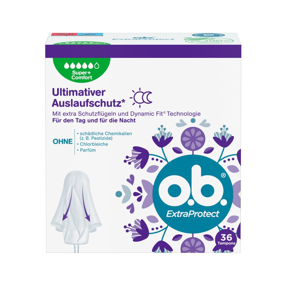 Boîte de tampons o.b.® ExtraProtect Super+ Comfort. 36 unités. Logo, nom et caractéristiques.