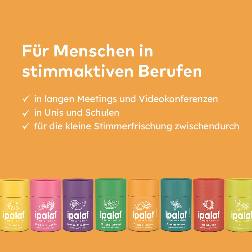 Zylindrische Verpackungen von ipalat® Pastillen. Text: Für Menschen in stimmaktiven Berufen. In Meetings, Unis, Schulen, zur Stimmerfrischung.