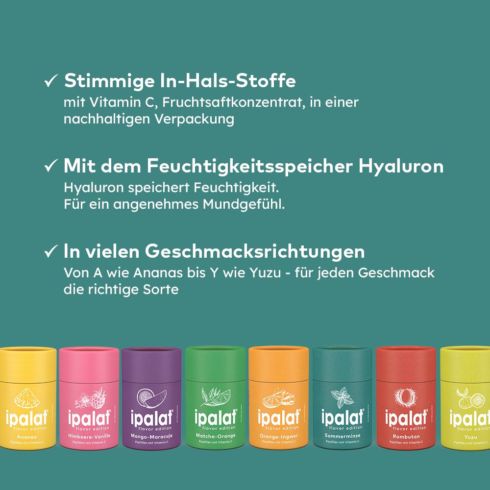 Mehrere Dosen "ipalat" in verschiedenen Farben. Text: Inhaltsstoffe, Hyaluron, Geschmacksrichtungen von A bis Y.