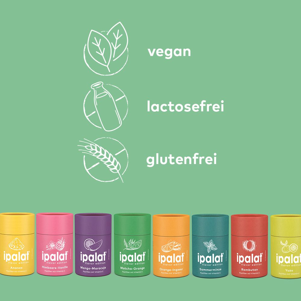 Mehrere Dosen "ipalat" in verschiedenen Farben. Text: vegan, laktosefrei, glutenfrei.