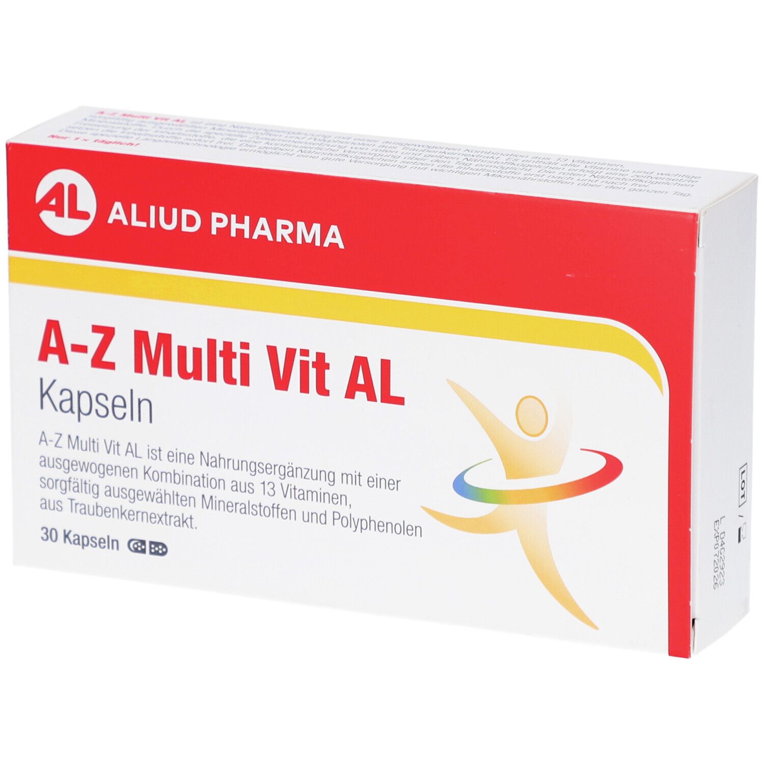 Boîte de A-Z Multi Vit AL Kapseln. Rouge et blanc, nom du produit et logo. Contient 30 gélules.