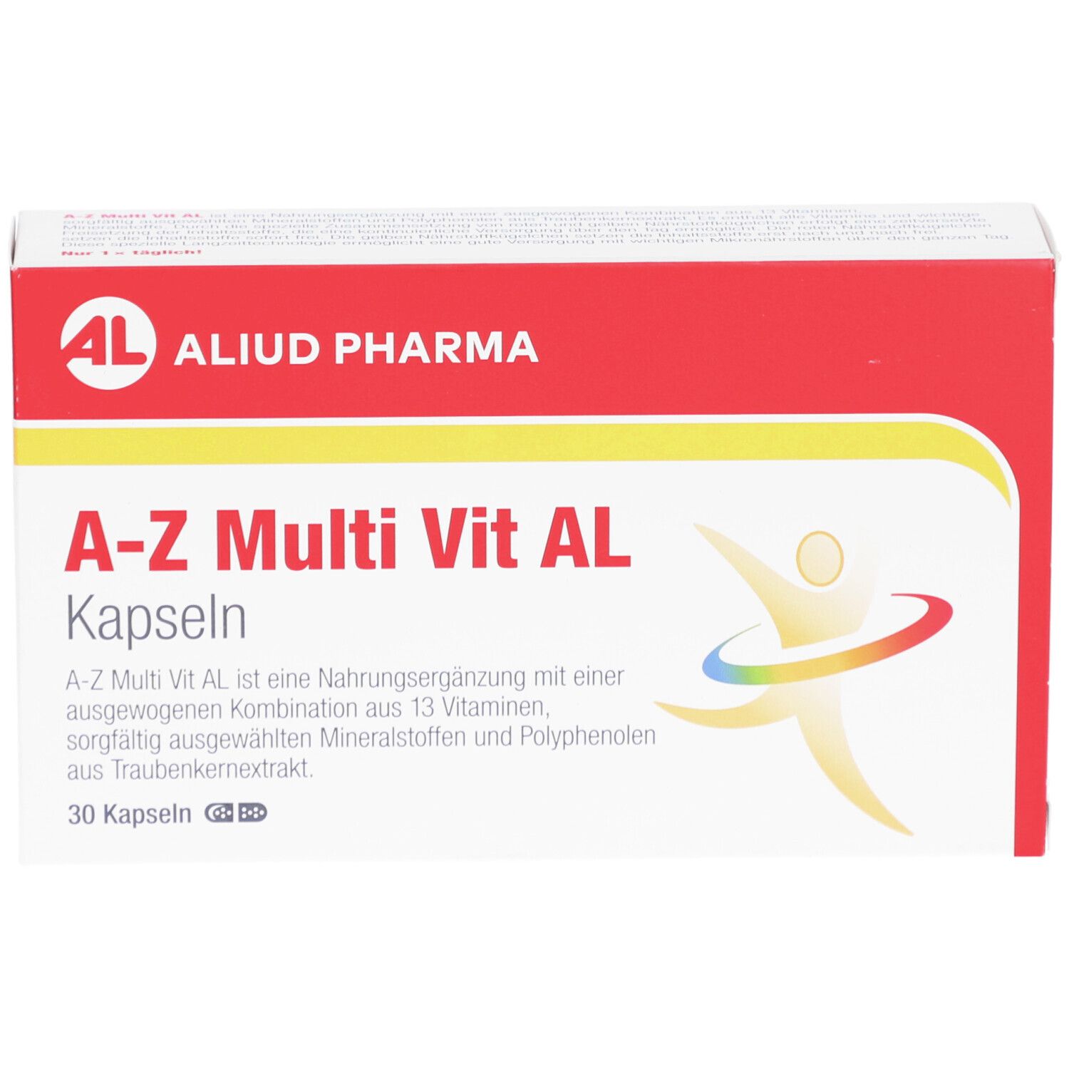 Boîte A-Z Multi Vit AL Kapseln. Rouge et blanc, nom du produit et logo. Contient 30 gélules.