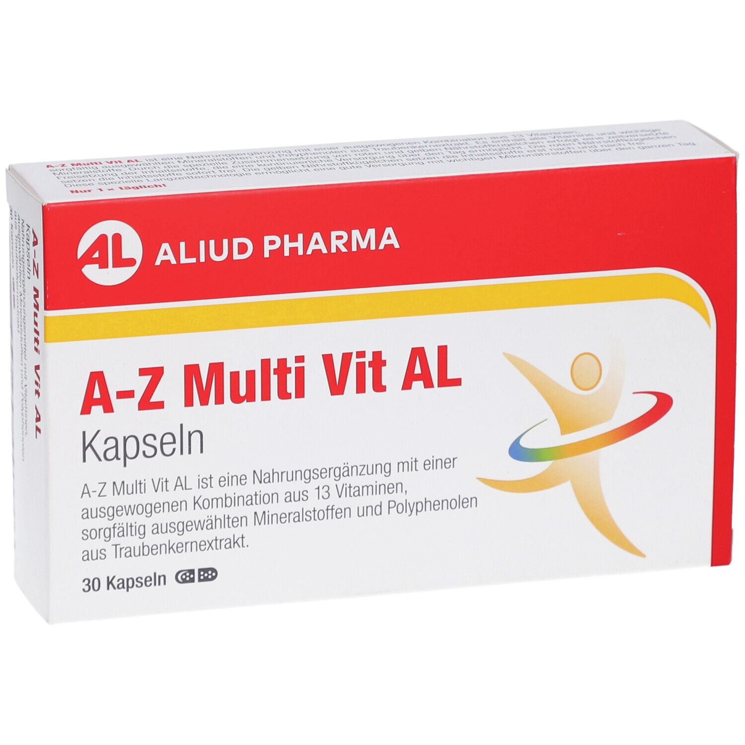 Boîte A-Z Multi Vit AL Kapseln. Rouge et blanc, nom du produit et logo. Contient 30 gélules.