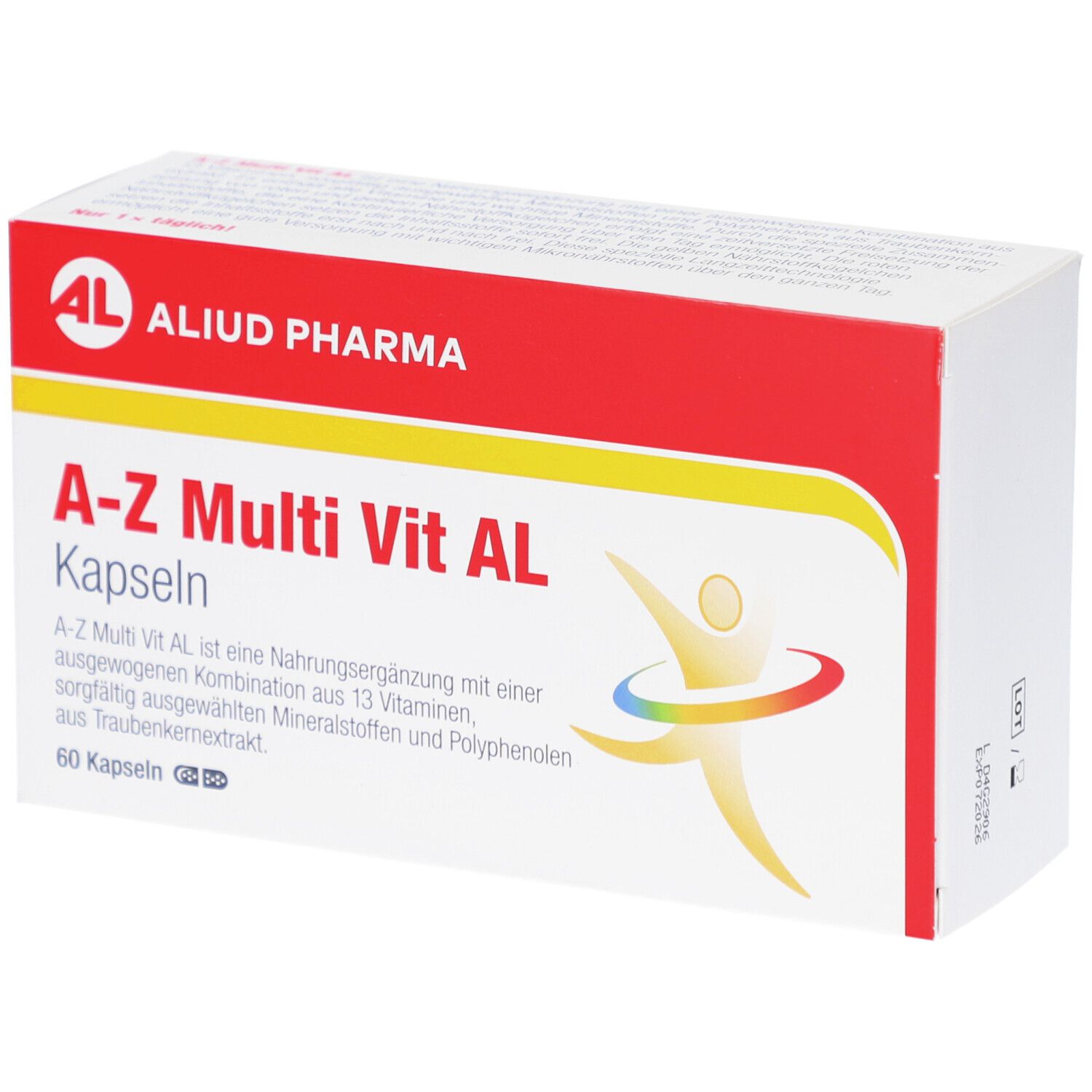 Weiß-rote Schachtel mit "A-Z Multi Vit AL Kapseln". Logo "AL ALIUD PHARMA". 60 Kapseln. Abbildung eines stilisierten Menschen.