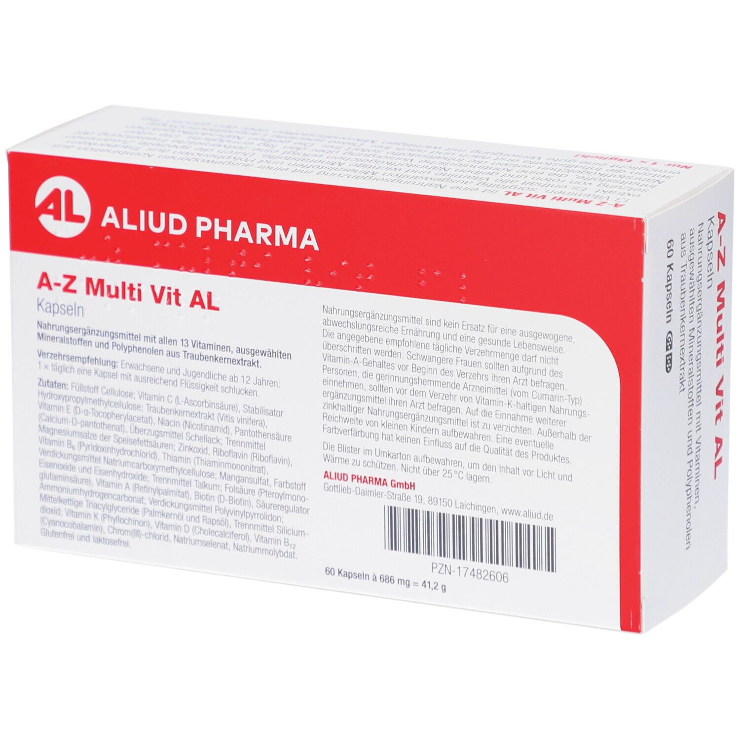 Geöffnete Schachtel "A-Z Multi Vit AL Kapseln". Logo "AL ALIUD PHARMA". 60 Kapseln. Text: Nahrungsergänzungsmittel mit Vitaminen, Mineralstoffen und Polyphenolen.