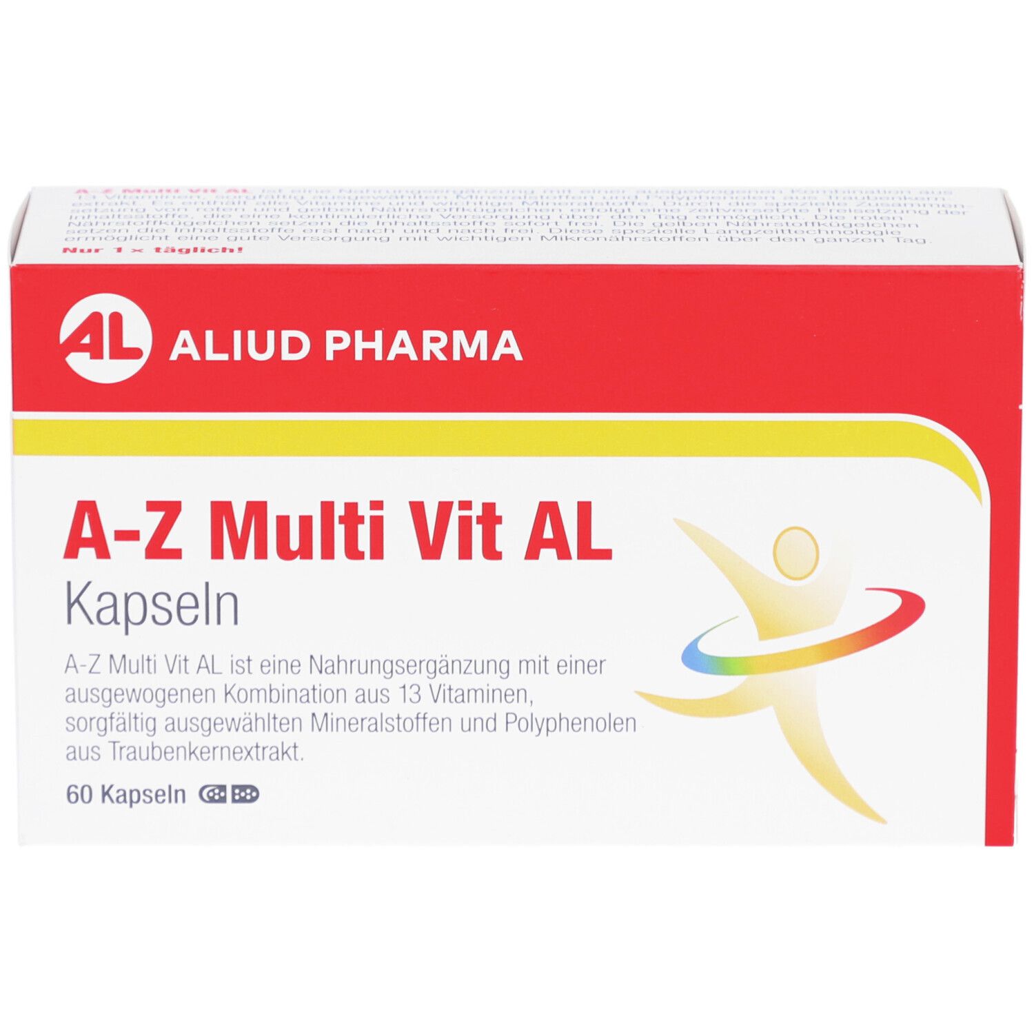 Schachtel "A-Z Multi Vit AL Kapseln". Logo "AL ALIUD PHARMA". 60 Kapseln. Abbildung eines stilisierten Menschen. Text: Nahrungsergänzungsmittel.