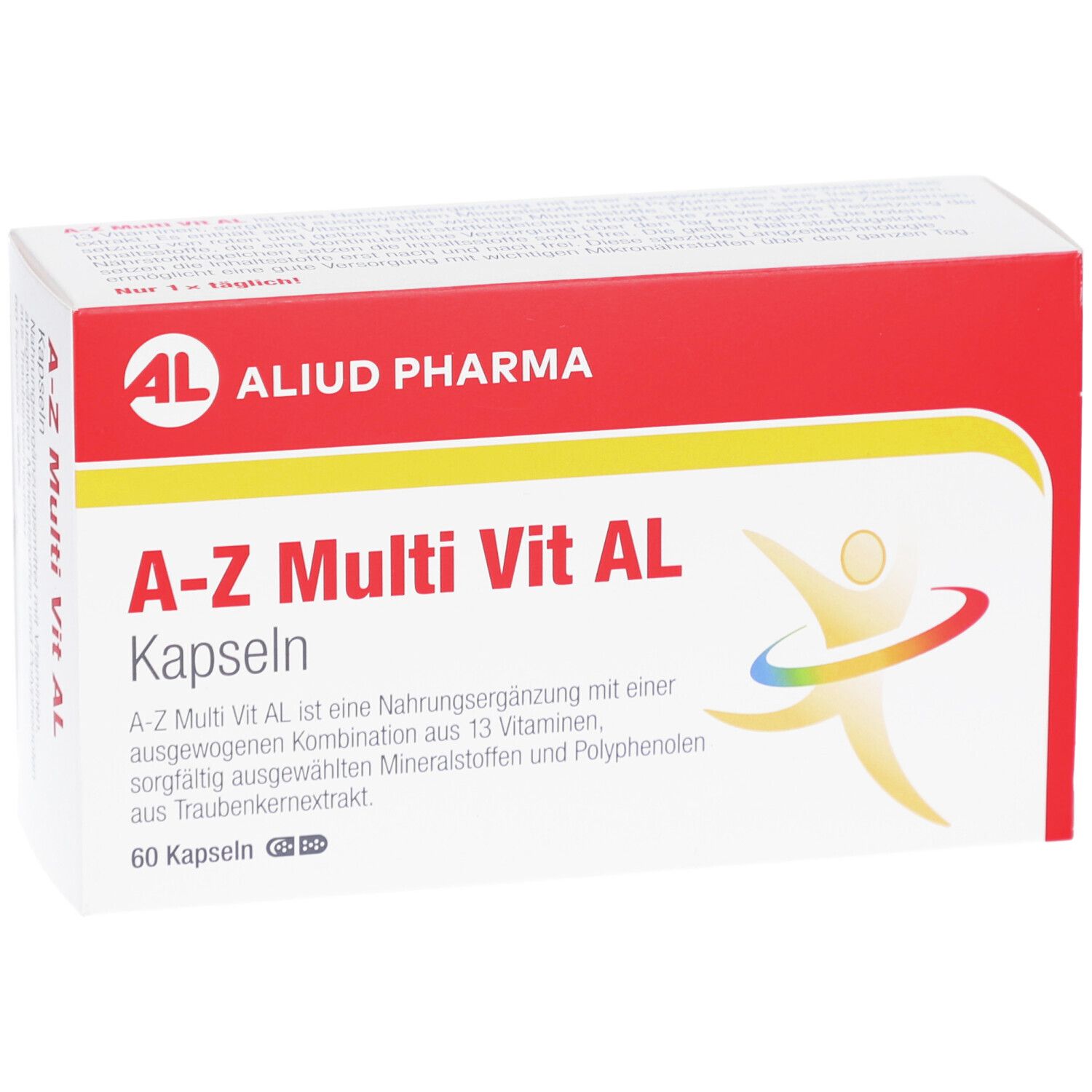 Schachtel "A-Z Multi Vit AL Kapseln". Logo "AL ALIUD PHARMA". 60 Kapseln. Text: Nahrungsergänzungsmittel mit Vitaminen, Mineralstoffen und Polyphenolen.