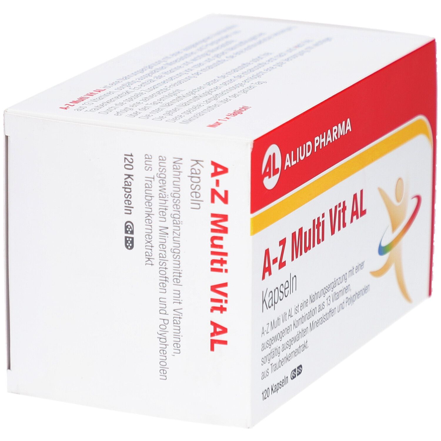 Boîte blanche et rouge avec l'inscription A-Z Multi Vit AL Kapseln. Marque AL, 120 gélules. Texte sur le côté.