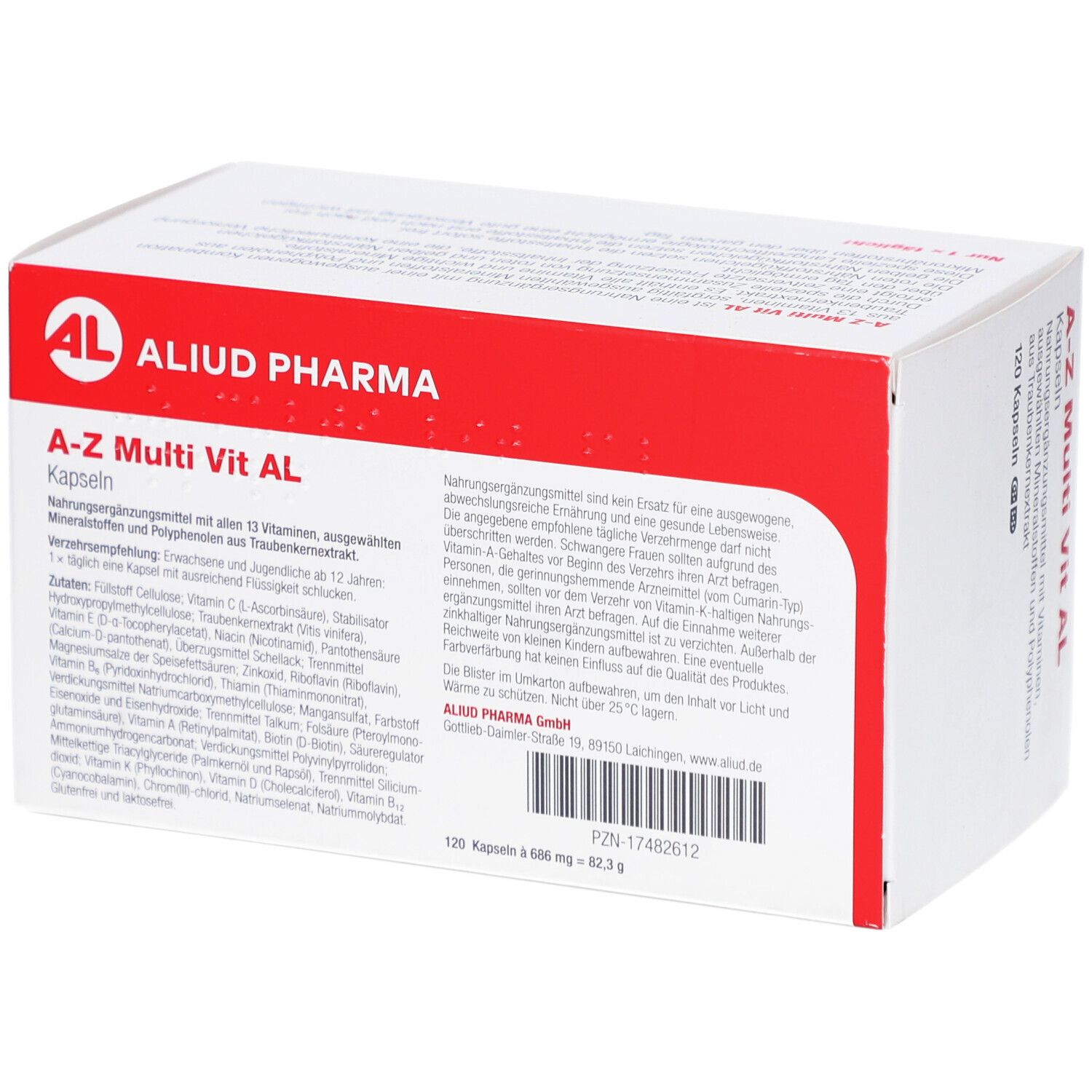 Boîte blanche et rouge avec l'inscription A-Z Multi Vit AL Kapseln. Marque AL, 120 gélules. Texte au dos.