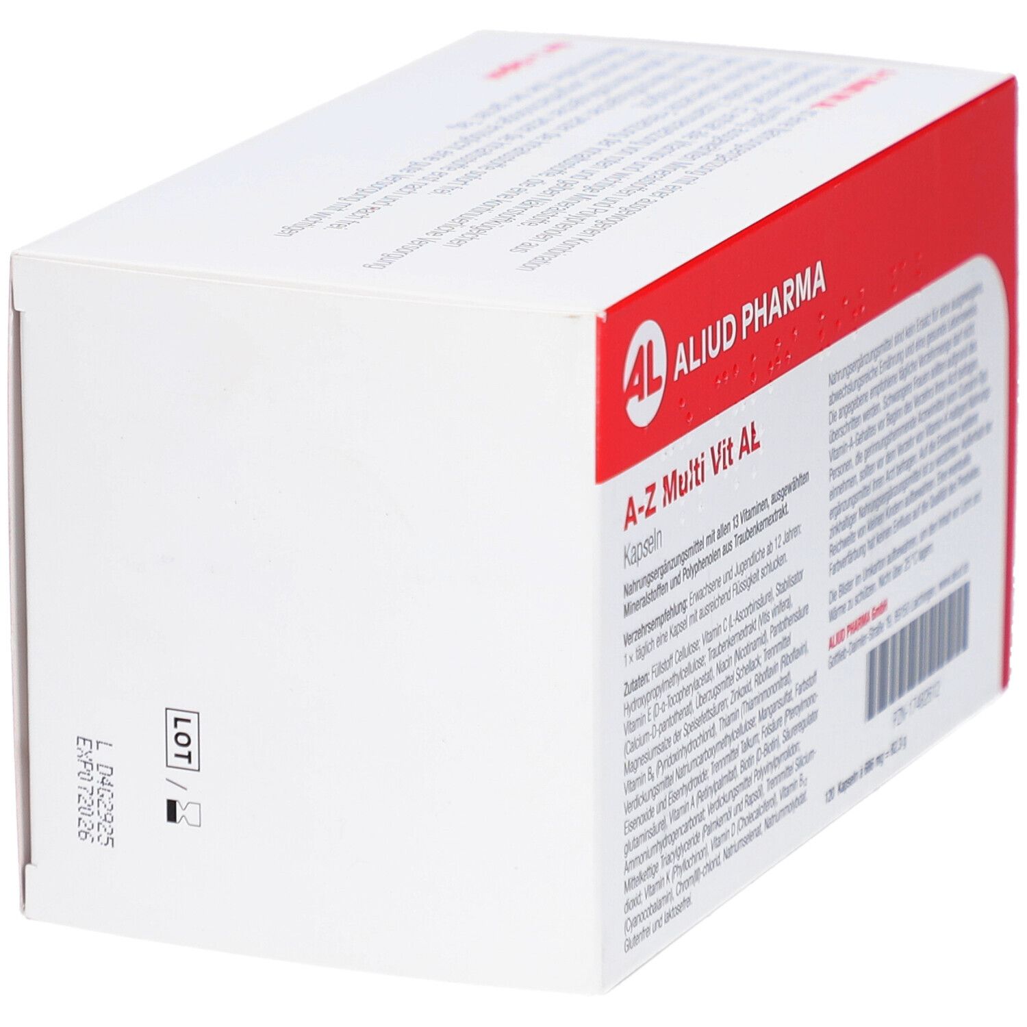 Boîte blanche et rouge avec l'inscription A-Z Multi Vit AL Kapseln. Marque AL, 120 gélules. Code et numéro de lot.