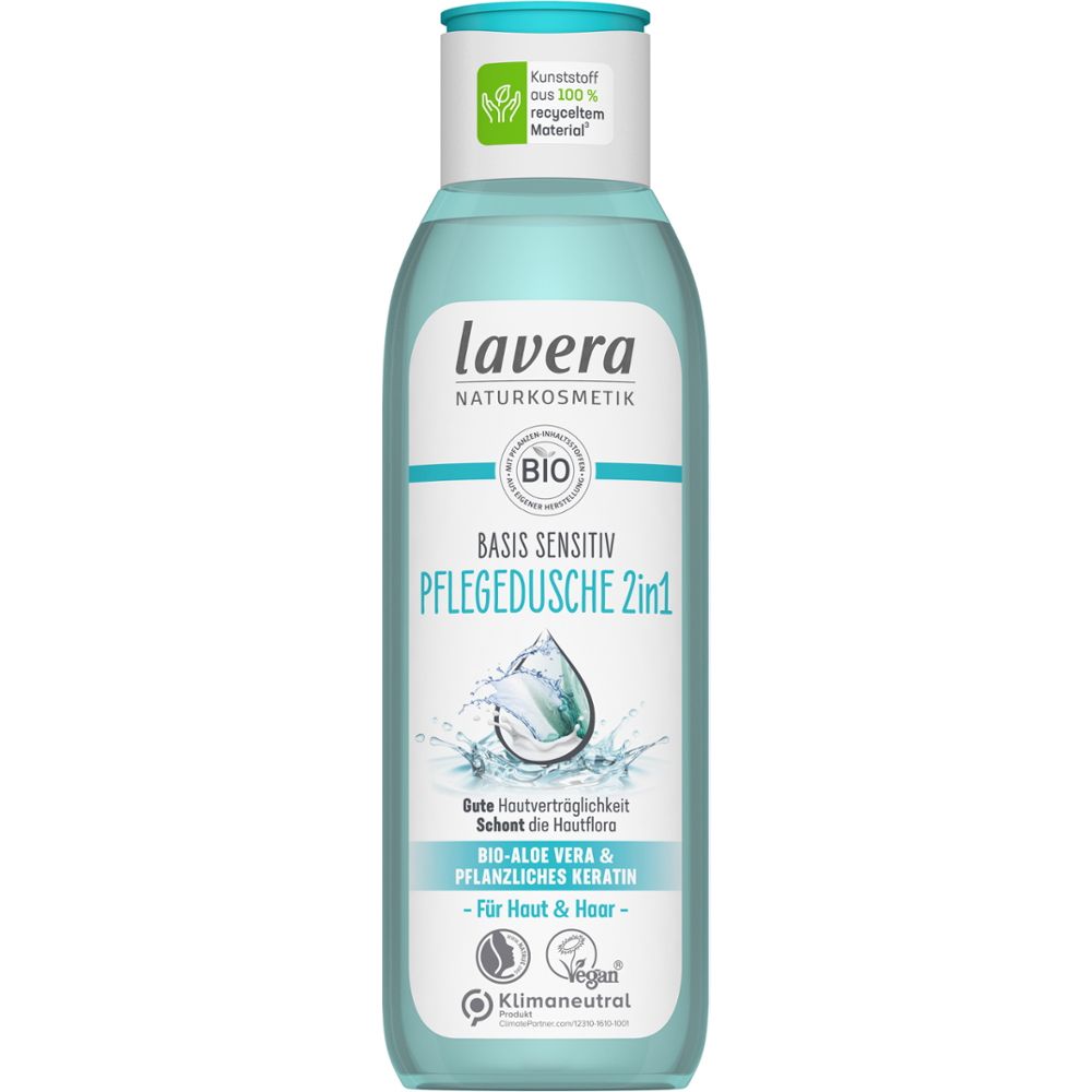 Körperpflege-Flasche. Marke: lavera. Produkt: Basis Sensitiv Pflegedusche 2in1. Mit Bio-Aloe Vera und pflanzlichem Keratin. Vegan.