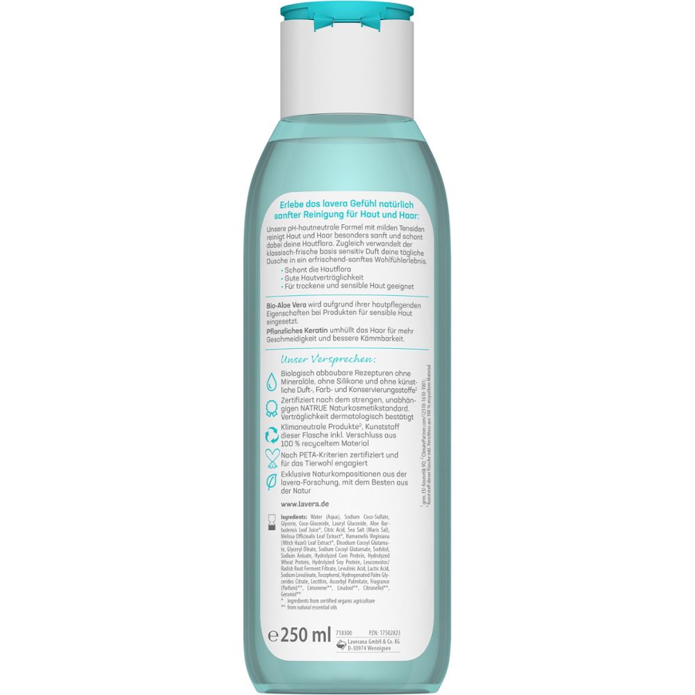 Rückseite der Körperpflege-Flasche. Text: Inhaltsstoffe, Informationen zur Hautverträglichkeit, Zertifizierungen, und Hersteller.