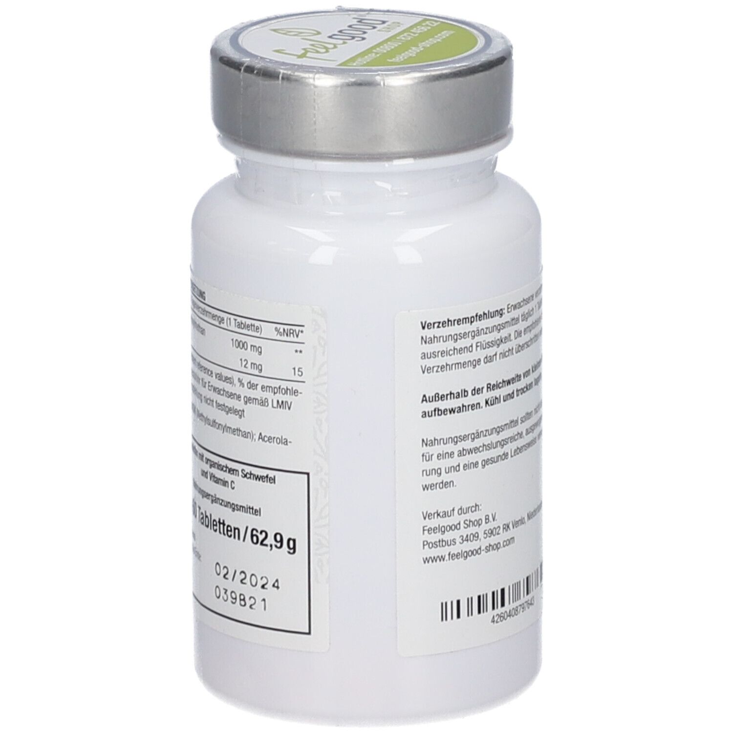 Flacon blanc avec couvercle argenté. Étiquette avec MSM 1000, Vitamine C+. Logo vitactiv. Verso avec texte.