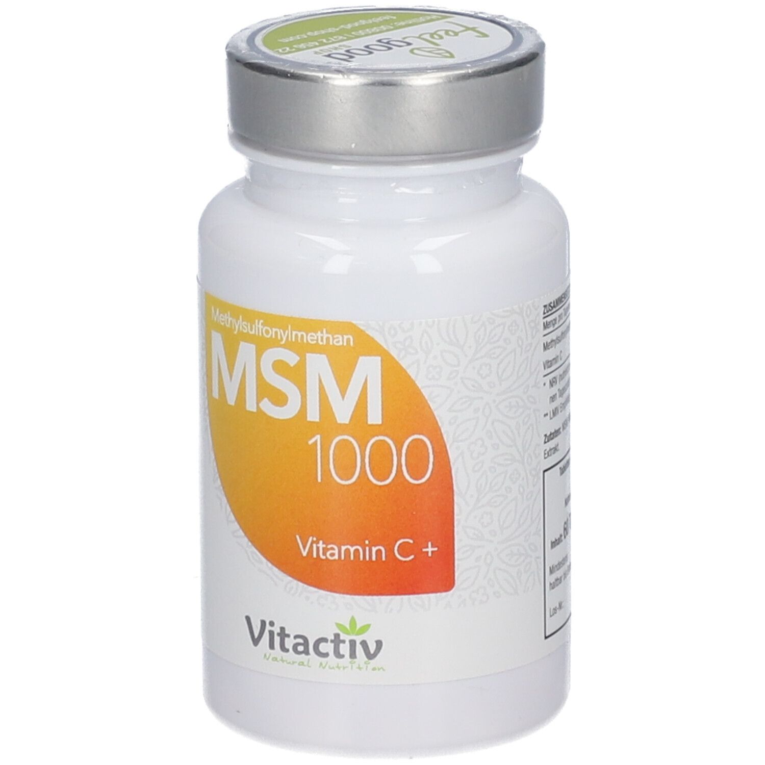 Flacon blanc avec couvercle argenté. Étiquette avec MSM 1000, Vitamine C+. Logo vitactiv.