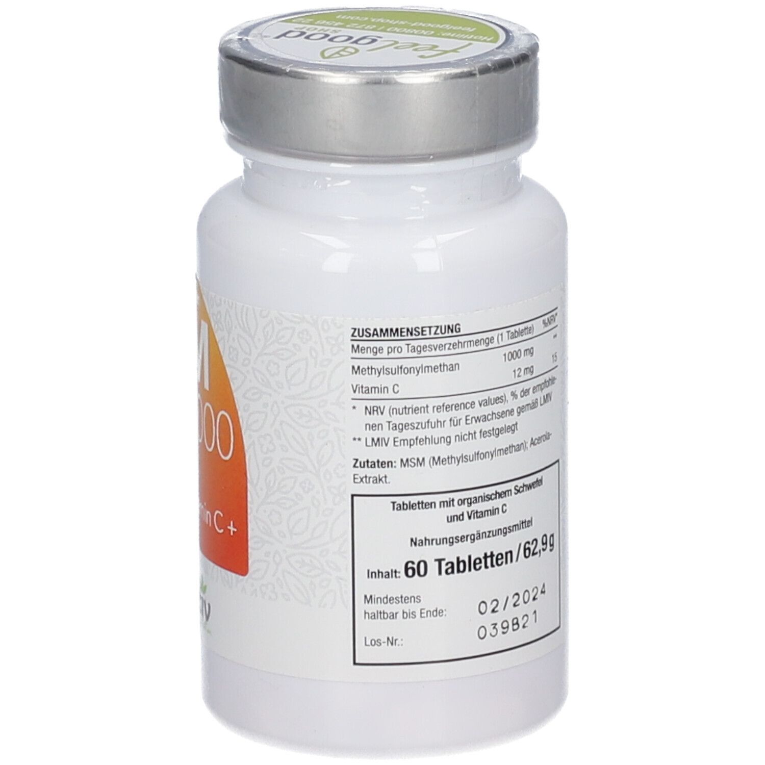 Flacon blanc avec couvercle argenté. Étiquette avec MSM 1000, Vitamine C+. Logo vitactiv. Informations nutritionnelles.