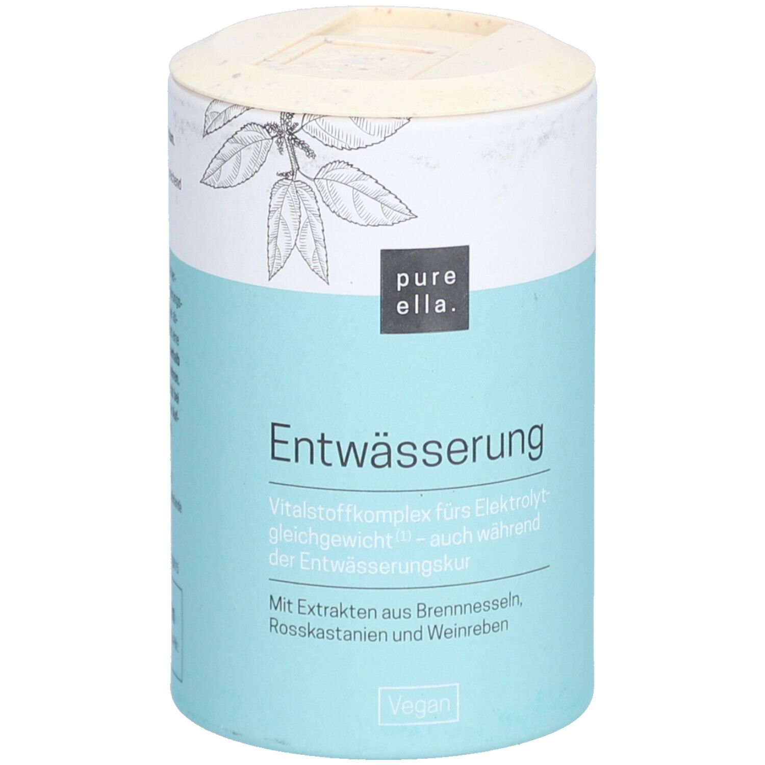 Zylinderförmige Dose mit blauem Etikett. Aufschrift: Entwässerung. Vegan-Siegel. Produktansicht.
