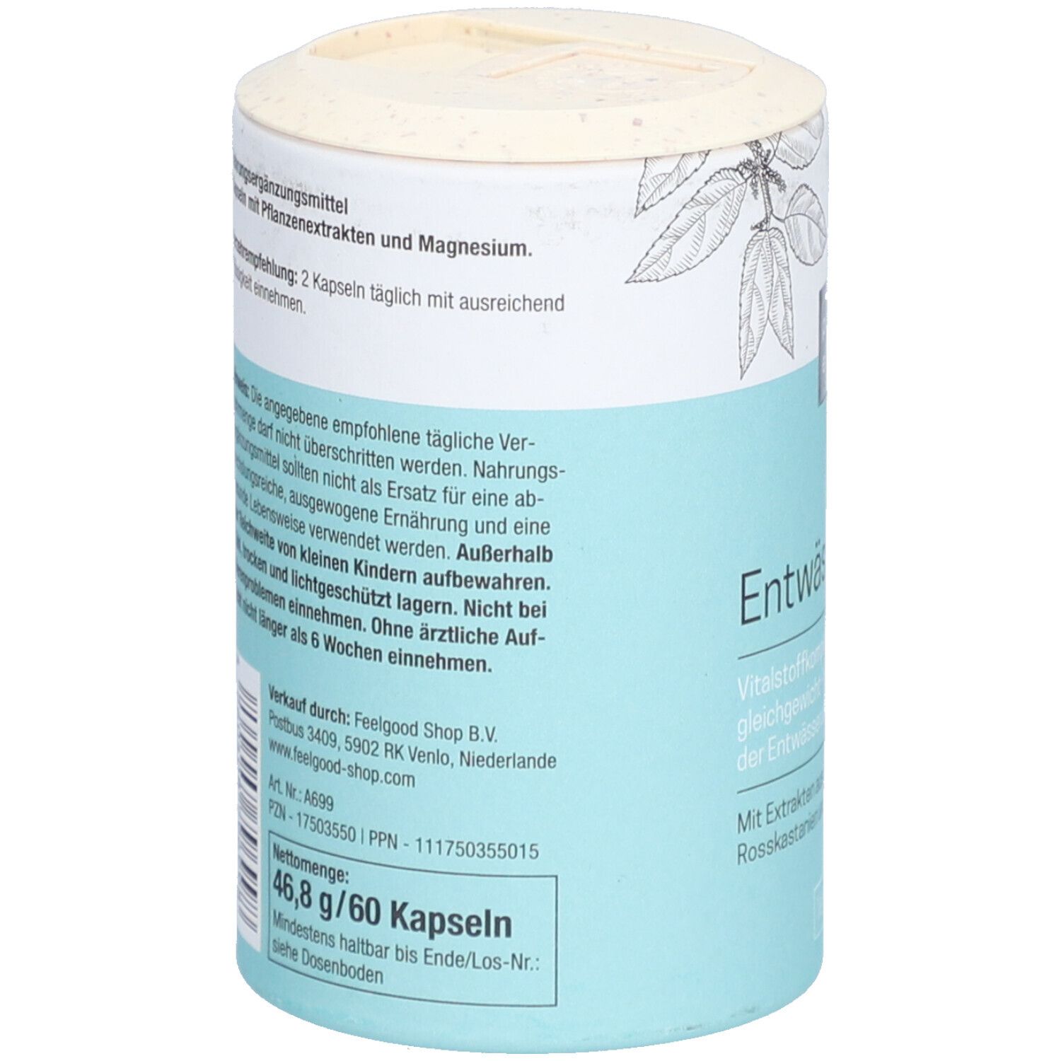 Produktverpackung. Rückseite mit Text: Inhaltsstoffe, Verzehrempfehlung, Hinweise. Mindesthaltbarkeit.