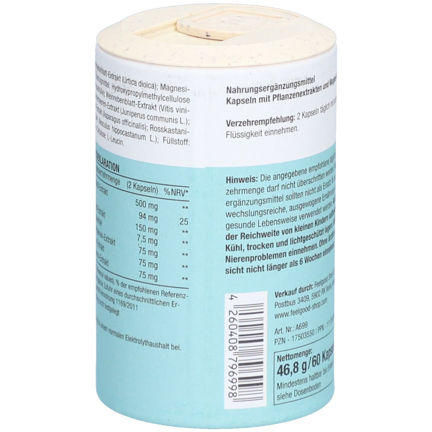 Produktverpackung. Rückseite mit Text: Inhaltsstoffe, Verzehrempfehlung, Hinweise. Mindesthaltbarkeit.