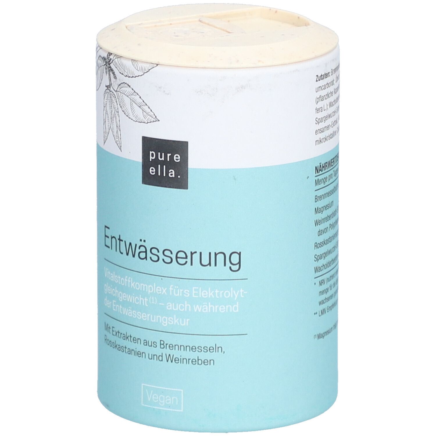 Zylinderförmige Dose mit blauem Etikett. Aufschrift: Entwässerung. Vegan-Siegel. Produktansicht.