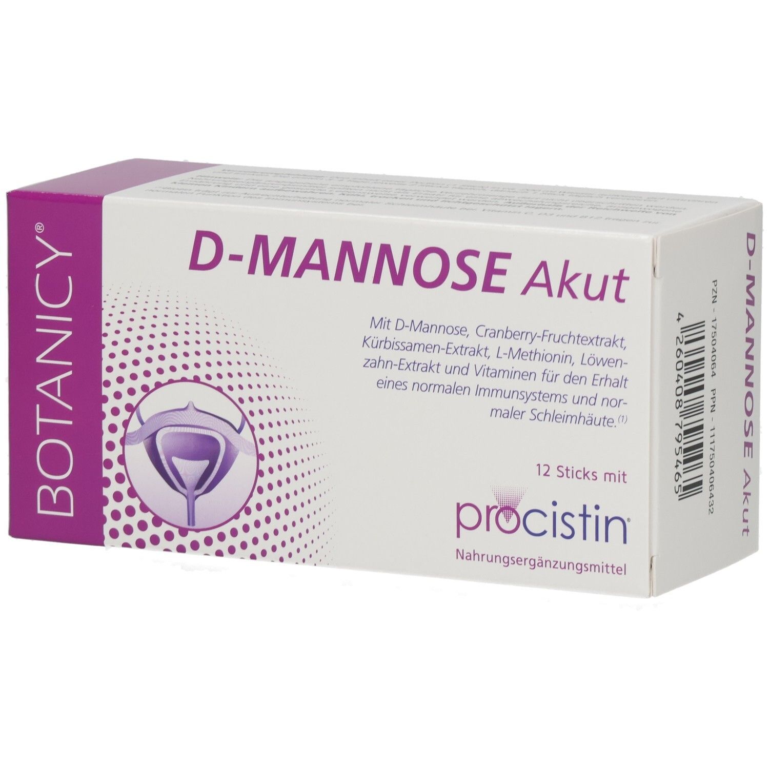 Produktpackung: D-Mannose Akut, 12 Sticks, procistin, BOTANICY. Abbildung eines Harnorgans. Weiß-lila Verpackung.