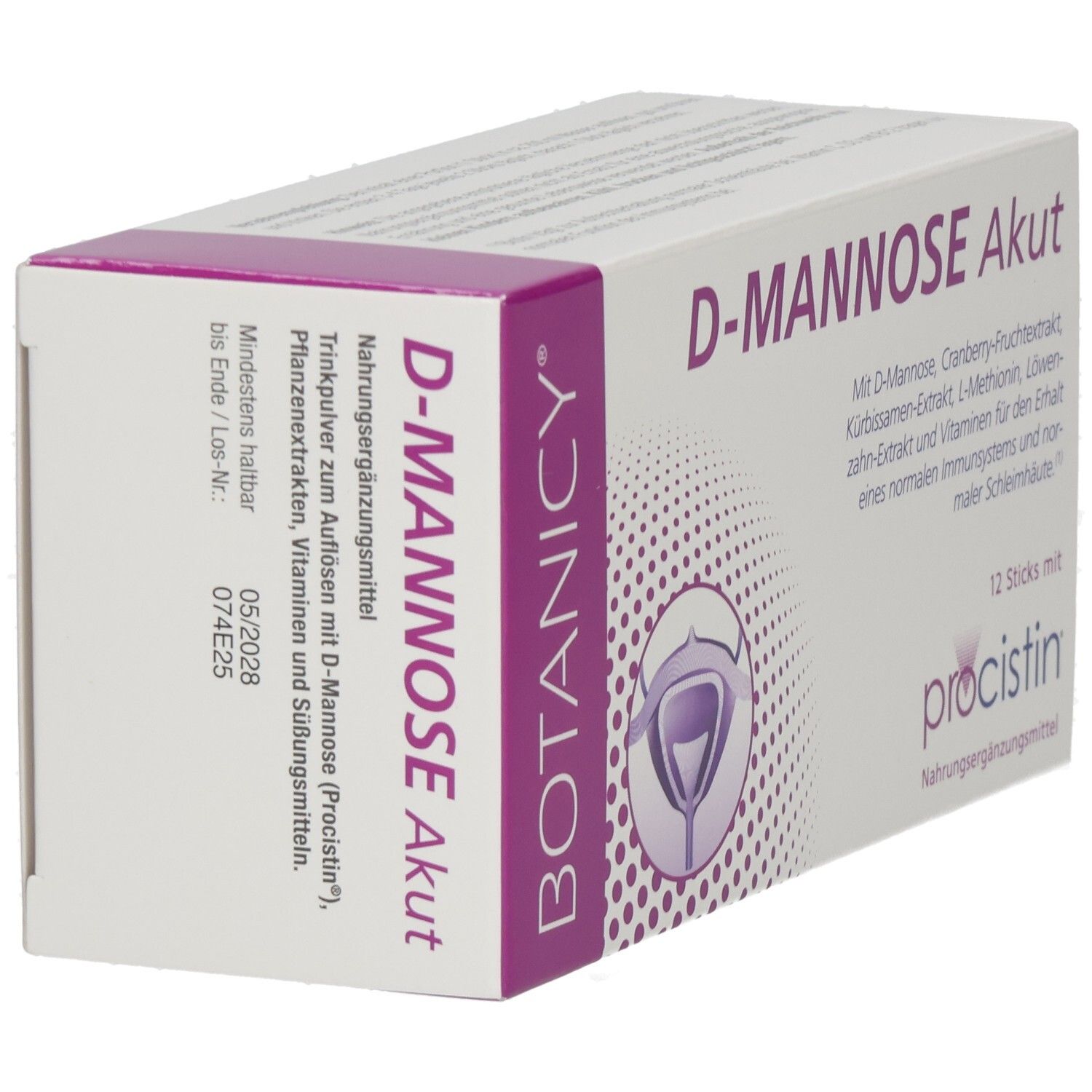 Produktpackung: D-Mannose Akut, 12 Sticks, procistin, BOTANICY. Seitenansicht. Weiß-lila Verpackung.
