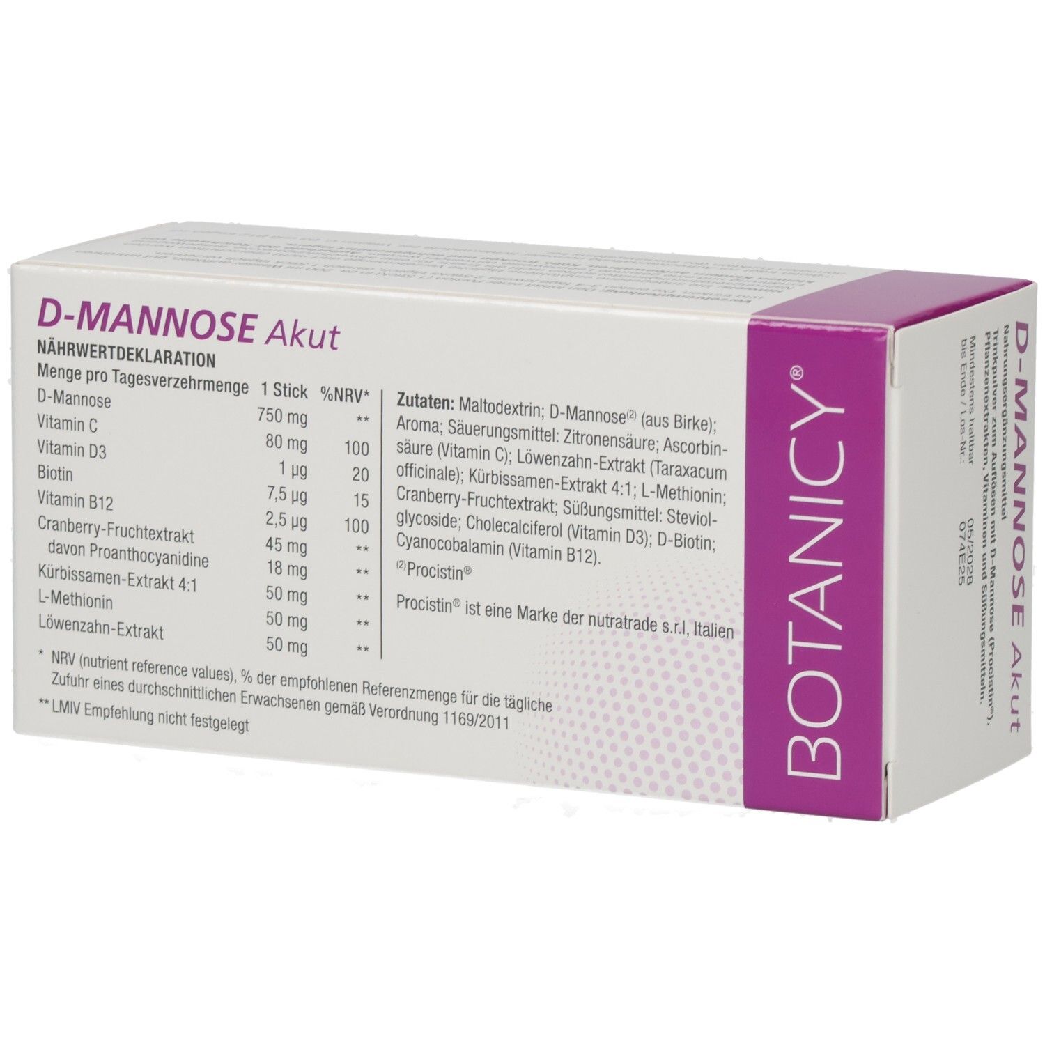 Produktpackung: D-Mannose Akut, 12 Sticks, procistin, BOTANICY. Rückseite. Weiß-lila Verpackung.
