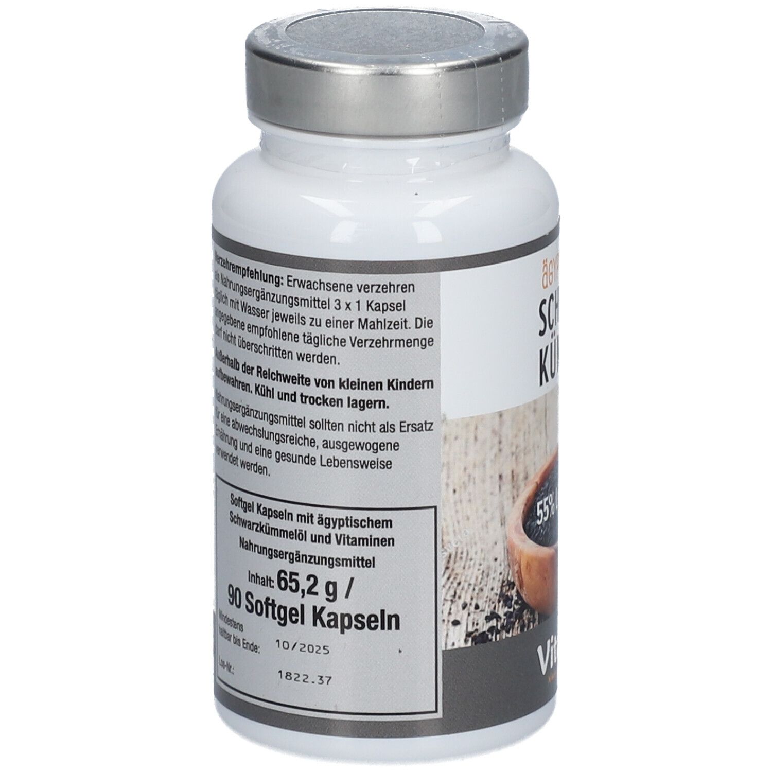 Produktetikett mit Informationen zu Inhaltsstoffen und Dosierung. Enthält: Schwarzkümmelöl, Biotin, Folsäure, Vitamin E.