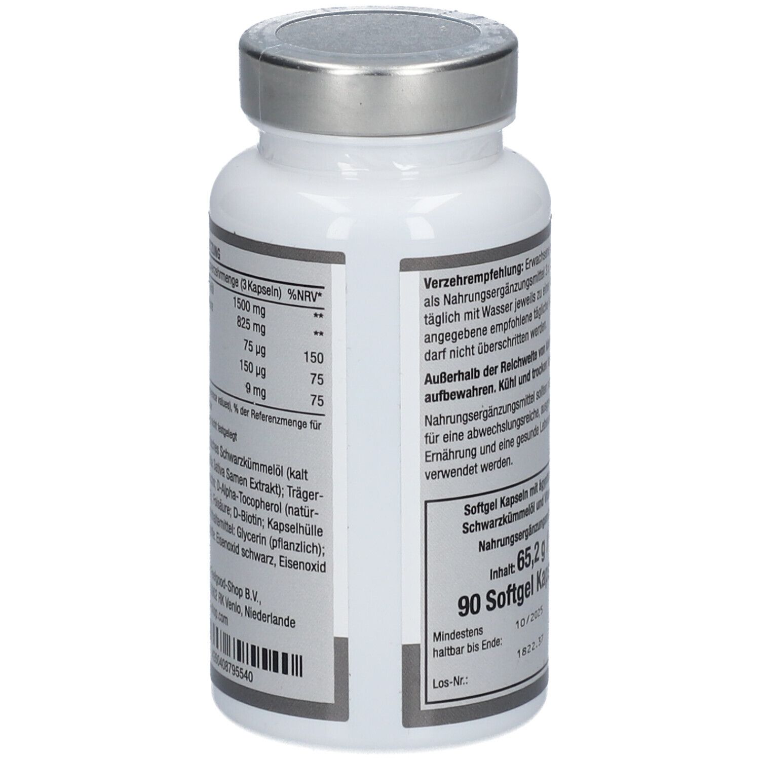 Produktetikett mit Informationen zu Inhaltsstoffen und Dosierung. Enthält: Schwarzkümmelöl, Biotin, Folsäure, Vitamin E.