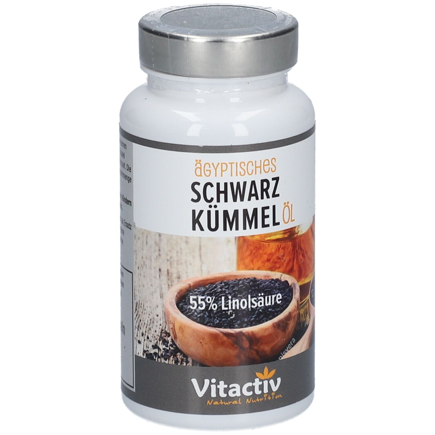 Weißes Fläschchen mit Kapseln. Aufschrift: Ägyptisches Schwarzkümmel Öl, 55% Linolsäure. Marke: Vitactiv.