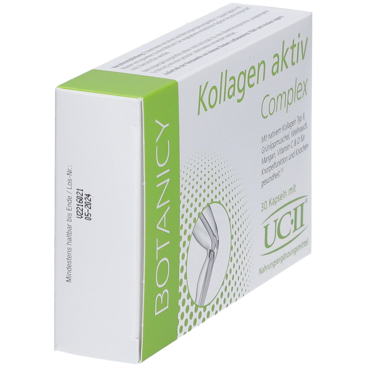Karton BOTANICY Kollagen Aktiv Complex. 30 Kapseln mit UC-II. Grün und weiß. Text: Kollagen für Knorpel und Knochen.