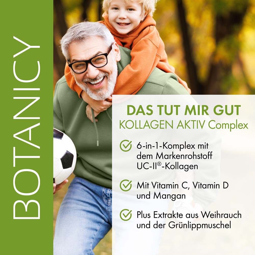 Werbung für BOTANICY Kollagen Aktiv Complex. Zwei Personen lachen. Text: Knochen-Knorpel-Komplex mit UC-II-Kollagen.