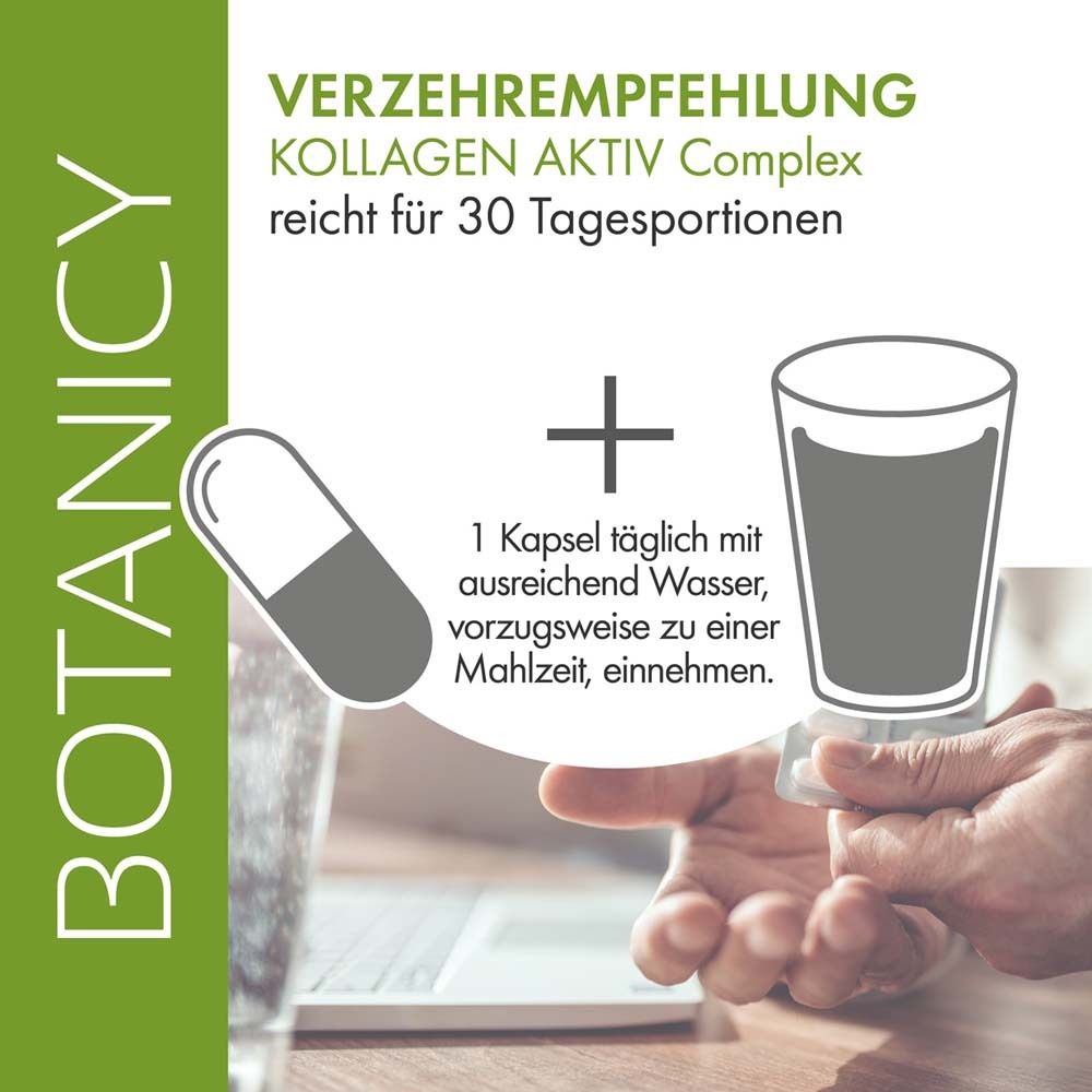 Illustration: Kapsel und Glas Wasser. Text: 1 Kapsel täglich mit Wasser zu einer Mahlzeit. BOTANICY.