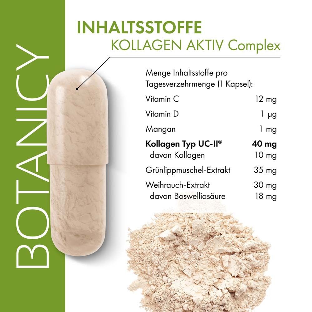 Kapsel und Inhaltsstoffe. Vitamin C, D, Mangan, Kollagen Typ II, Grünlippmuschel, Weihrauch. BOTANICY.